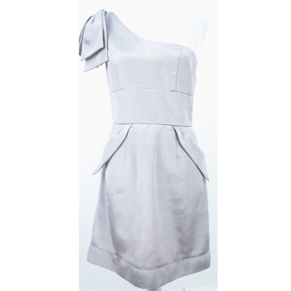 Doucette Duvall Gray One Shoulder Cocktail Dress 8 Large Shoulder Bow, Pockets - Picture 7 of 7